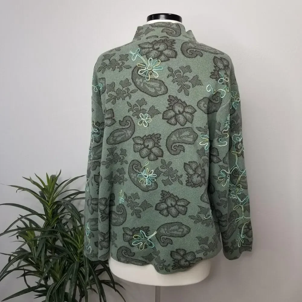 Sigrid Olsen Jacket Womens 2X Green Paisley Knit Embroidered Art To Wear